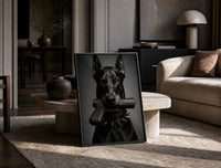 Doberman Pistol Spiked Collar print on the floor, leaning against a travertine table