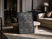 William Morris Snakeshead print on the floor, leaning against a travertine table