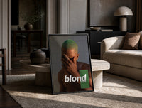 Blond Frank Ocean Album Cover Portrait print on the floor, leaning against a travertine table