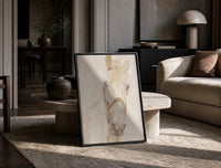 white horse head portrait with bridle vintage art print print in a black frame leaning on a travertine table in a sunlit…