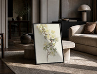 Cliff Rose botanical study with labeled names vintage art print print in a black frame leaning on a travertine table in a…