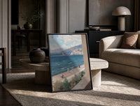 Mediterranean coastal promenade seen from balcony vintage art print print in a black frame leaning on a travertine table…