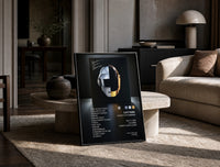 Daft Punk Random Access Memories Helmets print on the floor, leaning against a travertine table