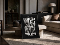 Metallica The Memory Remains Band Collage print on the floor, leaning against a travertine table