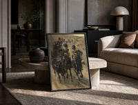 cavalry soldiers on horseback vintage art print print in a black frame leaning on a travertine table in a sunlit lounge