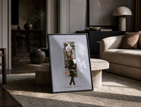 Kendrick Lamar DAMN Collage print on the floor, leaning against a travertine table