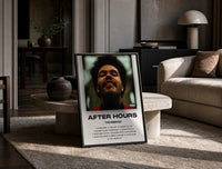 The Weeknd After Hours Album Cover print on the floor, leaning against a travertine table