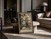 Arthur Rackham Scrooge and Cratchit print on the floor, leaning against a travertine table