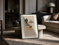 Best Wishes Holly and Swallow print on the floor, leaning against a travertine table