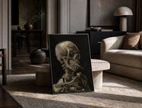 skeleton smoking a cigarette vintage art print print in a black frame leaning on a travertine table in a sunlit lounge