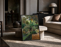 garden with palm trees and figures vintage art print print in a black frame leaning on a travertine table in a sunlit lounge