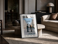 Pink Floyd Wish You Were Here Burning Handshake print on the floor, leaning against a travertine table