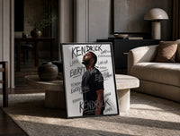 Kendrick Lamar Everything Profile print on the floor, leaning against a travertine table