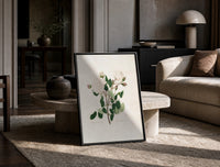 white Provence rose botanical study vintage art print print in a black frame leaning on a travertine table in a sunlit lounge