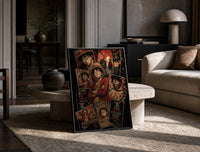 Monkey D. Luffy One Piece Wanted framed poster print in a black frame leaning on a travertine table in a sunlit lounge