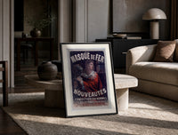 Cheret Au Masque de Fer print on the floor, leaning against a travertine table