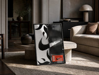 Nike Swoosh Streetwear print on the floor, leaning against a travertine table