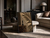 Leopard Print Chess King print on the floor, leaning against a travertine table