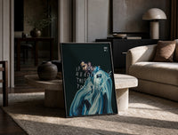 Drake If You're Reading This It's Too Late print on the floor, leaning against a travertine table