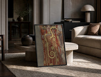 Klimt's Hygieia with gold serpent vintage art print print in a black frame leaning on a travertine table in a sunlit lounge