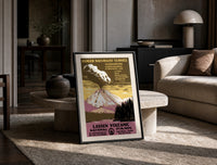 WPA Lassen Volcanic Park print on the floor, leaning against a travertine table