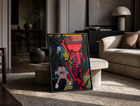KAWS Down Time Skeleton Companion print on the floor, leaning against a travertine table