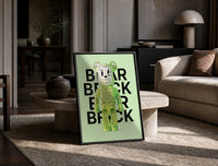 Green Glow Skeleton Bearbrick print on the floor, leaning against a travertine table
