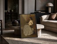 seated woman in white dress vintage art print print in a black frame leaning on a travertine table in a sunlit lounge