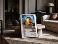Travis Scott Astroworld Album Cover print on the floor, leaning against a travertine table