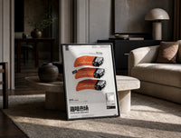 SEAxFOOD Market Salmon Sushi Lighter print on the floor, leaning against a travertine table