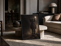 KAWS Companion Desert Moon Monochrome print on the floor, leaning against a travertine table