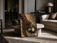 Cheetah Paw and Disco Ball print on the floor, leaning against a travertine table