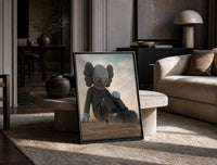 KAWS Companion Desert Monochrome Streetwear print on the floor, leaning against a travertine table
