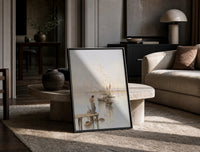 woman and dog on a dock watching sailboats vintage art print print in a black frame leaning on a travertine table in a…