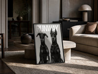 Doberman Pinscher Portrait Duo print on the floor, leaning against a travertine table