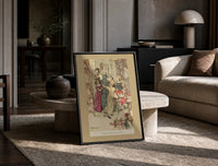Arthur Rackham Boisterous Group print on the floor, leaning against a travertine table