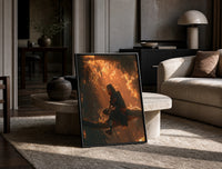 Itachi Uchiha Naruto Akatsuki framed poster print in a black frame leaning on a travertine table in a sunlit lounge