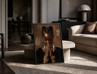 Black Woman with Clasped Hands print on the floor, leaning against a travertine table