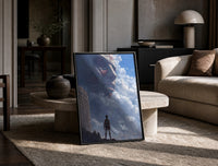 Attack on Titan Colossal framed poster print in a black frame leaning on a travertine table in a sunlit lounge