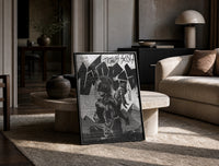 Travis Scott Utopia Album Cover framed poster print in a black frame leaning on a travertine table in a sunlit lounge