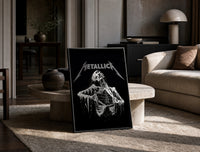 Metallica Decaying Corpse Skeleton print on the floor, leaning against a travertine table