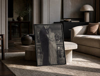 couple embracing on a night balcony vintage art print print in a black frame leaning on a travertine table in a sunlit lounge