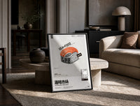 SEAxFOOD Market Original Salmon Sushi print on the floor, leaning against a travertine table