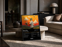 Tyler the Creator Flower Boy Tracklist print on the floor, leaning against a travertine table