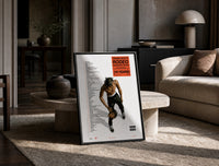 Travis Scott Rodeo Anniversary print on the floor, leaning against a travertine table