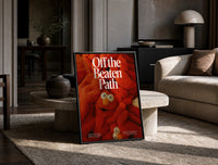 Off the Beaten Path KAWS-Inspired Red Plush print on the floor, leaning against a travertine table