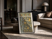 Art Nouveau botanical pattern with gourds and flowers vintage art print print in a black frame leaning on a travertine…