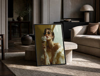 Louis Vuitton Gold Ice Cream print on the floor, leaning against a travertine table