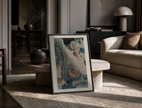 Hokusai Ono Waterfall Kiso Road print on the floor, leaning against a travertine table