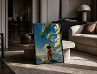 Dragon Ball Z Goku and Shenron framed poster print in a black frame leaning on a travertine table in a sunlit lounge